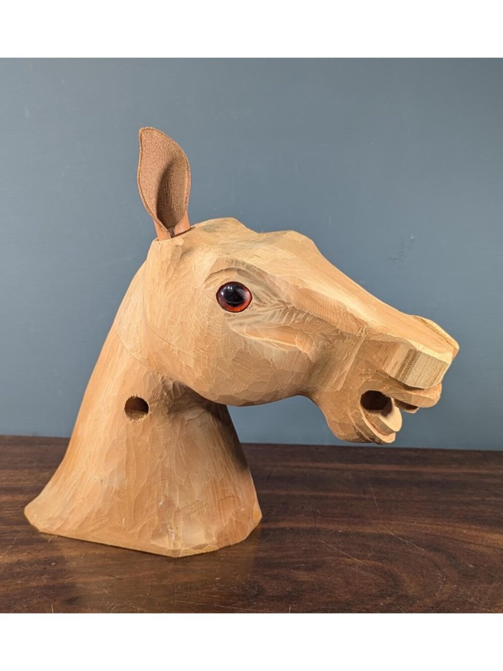 Wooden Horse Head Sculpture 13.5", Unfinished Hand Carved Folk Art Piece